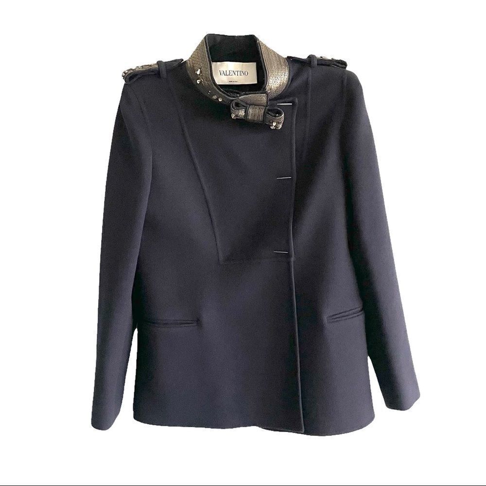 VALENTINO Wool Cashmere Embellished Asymmetrical Blazer Jacket Navy Blue 14